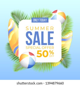 Sale background with palm leaves and summer elements