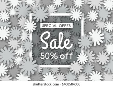 Sale background with paper flowers and white square frame. Spring or summer banner. Template for banner, header, flyer, voucher, card and other print or web materials. Vector design illustration.