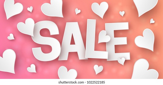 Sale background with paper heart. Valentines day banner. Romantic and love design. Wallpaper, flyers, invitation, posters, brochure, voucher or discount. Vector illustration.