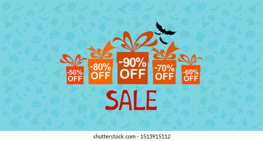 Sale background with percent discount and gift boxes. Happy Halloween. Horizontal banner. Flyer or invitation template, Brochures, Poster or Banner. Vector illustration