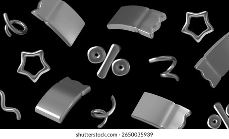 Fundo de venda com cupons 3d prata, sinal de porcentagem e padrão de estrelas no fundo preto. Design vetorial.