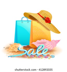 Sale background with summer accessories: a straw sun hat and seashells on the seashore.