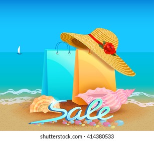 Sale background with summer accessories: a straw sun hat and seashells on the seashore. Also there is a sea with waves and boat.