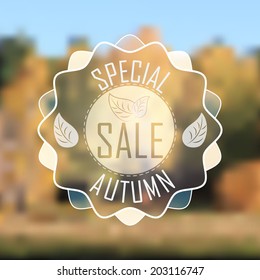 Sale badge, autumn sale label, autumn sale banner. Blurred background. Special offer.