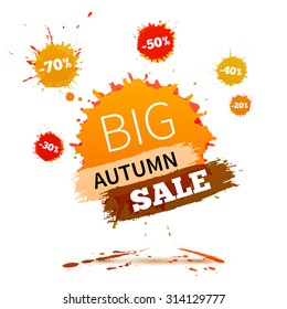 Sale badge, autumn sale label, autumn sale banner. Vector watercolor banner with ink splashes. SALE autumn poster. Vector illustration. Special offer. Big autumn sale banner.