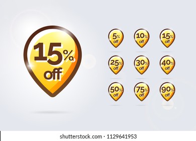 Sale Badge Banner. 50% OFF icon. Discount Offer Price Tag. Special Offer Sticker. Vector Modern Illustration. Isolated Background. 5 10 15 25 30 40 50 75 90 Percent.