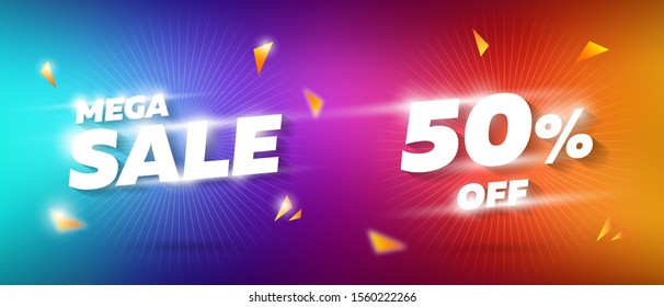 Sale badge banner design. Big mega sale template mockup. Special offer poster vector illustration. Colorful modern creative shiny icon for black friday and discount 50% off.