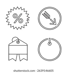 Sale Badge and Discount Label Icons Set. Simple black line icons for discount, download, and sale.
