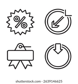 Sale Badge and Discount Label Icons Set. Simple black line icons for discount, download, and sale.
