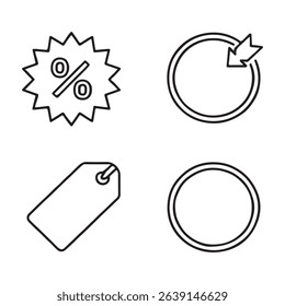 Sale Badge and Discount Label Icons Set. Simple black line icons for discount, download, and sale.
