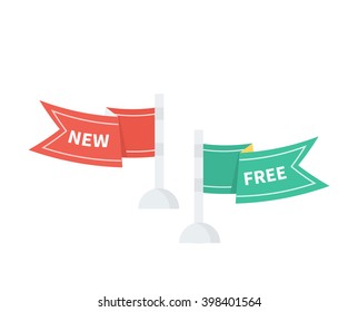 Sale badge flag ribbon new and free. New and free, sale banner, for sale sign, icon retail flag, ribbon label, business store, offer promotion, promotional advertise, vector illustration