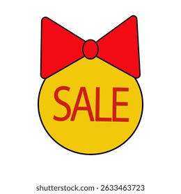 Sale badge icon. Red bow detail. Yellow circle background. Vector promotion symbol.