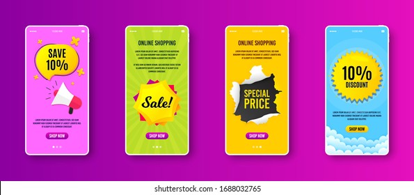 Sale badge. Phone screen banner. Discount banner shape. Coupon bubble icon. Sale banner on smartphone screen. Mobile phone web template. Sale promotion. Interface with torn paper hole. Vector