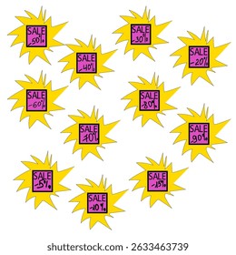 Sale badge set. Pink discount numbers. Yellow starburst shape. Vector promotion symbol. - Powered by Shutterstock - Get 15% off with code: PIKWIZARD15