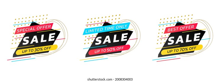 Sale badge, tag or label set with abstract shapes. Modern discount stickers with 20, 30, 50 percent price off. Special offer design layout. Vector illustration.