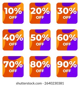 SALE BADGE TEMPLATE DESIGN SET. OFFER WITH DIFFERENT DISCOUNT PROMOTION.PURPLE ORANGE COLOR MODERN DESIGN VECTOR FOR YOUR BUSINESS