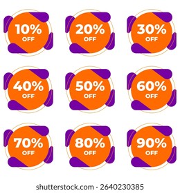 SALE BADGE TEMPLATE DESIGN SET. OFFER WITH DIFFERENT DISCOUNT PROMOTION.PURPLE ORANGE COLOR MODERN DESIGN VECTOR FOR YOUR BUSINESS