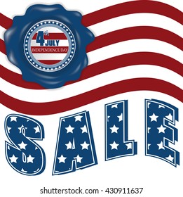 Sale badge with wax seal. July 4 Independence day background. Poster. The color of the national flag. Vector illustration.