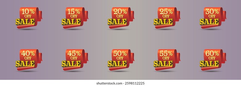 Sale badges, discounts 10%, 15%, 20%, 25%, 30%, 40%, 45%, 50%, 55%, 60% banner collection.