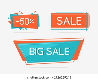Sale badges, price tags, banners. Badges for sales, discounts and promotions. Vector colored icons in orange and turquoise colors.