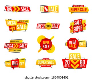 Sale badges tag icons. Banner elements set, offer tag vector collection, discount label design, sale web coupons. Special offer tag collection, set of banner elements for website and advertising. 