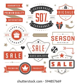 Sale Badges and Tags Design Vector Vintage Set for Banners, Promotional Brochures, Discount Poster, Shopping Flyer, Clearance Advertising. Collection Sale objects and icons.