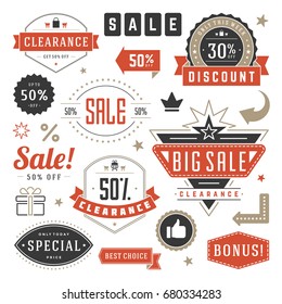 Sale Badges and Tags Design Vector Vintage Set for Banners, Promotional Brochures, Discount Poster, Shopping Flyer, Clearance Advertising. Collection Sale objects and icons.