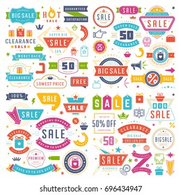 Sale badges and tags design vector set for banners, promotional brochures, discount poster, shopping flyer, clearance advertising. Big collection sale objects and icons.