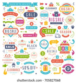 Sale badges and tags design vector set for banners, promotional brochures, discount poster, shopping flyer, clearance advertising. Big collection sale objects and icons.