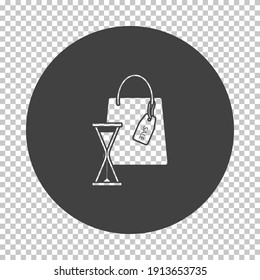 Sale Bag With Hourglass Icon. Subtract Stencil Design on Tranparency Grid. Vector Illustration.