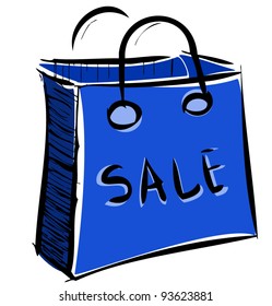 Sale bag icon in blue color. Sketch vector illustration in doodle style