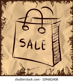 Sale bag icon isolated on vintage background. Hand drawing sketch vector illustration