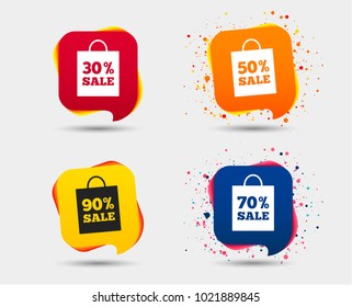 Sale bag tag icons. Discount special offer symbols. 30%, 50%, 70% and 90% percent sale signs. Speech bubbles or chat symbols. Colored elements. Vector