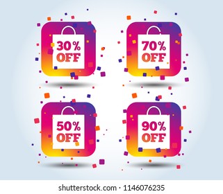 Sale bag tag icons. Discount special offer symbols. 30%, 50%, 70% and 90% percent off signs. Colour gradient square buttons. Flat design concept. Vector