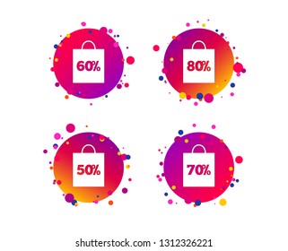 Sale bag tag icons. Discount special offer symbols. 50%, 60%, 70% and 80% percent discount signs. Gradient circle buttons with icons. Random dots design. Vector