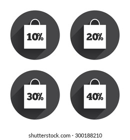 Sale bag tag icons. Discount special offer symbols. 10%, 20%, 30% and 40% percent discount signs. Circles buttons with long flat shadow. Vector