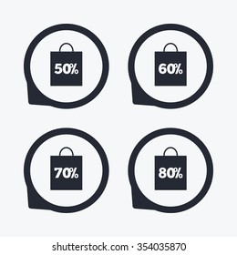 Sale bag tag icons. Discount special offer symbols. 50%, 60%, 70% and 80% percent discount signs. Flat icon pointers.