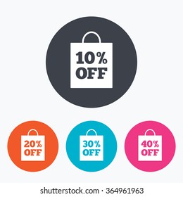 Sale bag tag icons. Discount special offer symbols. 10%, 20%, 30% and 40% percent off signs. Circle flat buttons with icon.