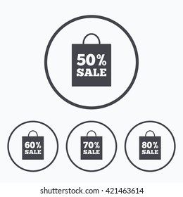 Sale bag tag icons. Discount special offer symbols. 50%, 60%, 70% and 80% percent sale signs. Icons in circles.