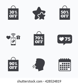 Sale bag tag icons. Discount special offer symbols. 30%, 50%, 70% and 90% percent off signs. Flat talking head, calendar icons. Stars, like counter icons. Vector