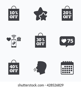 Sale bag tag icons. Discount special offer symbols. 10%, 20%, 30% and 40% percent off signs. Flat talking head, calendar icons. Stars, like counter icons. Vector