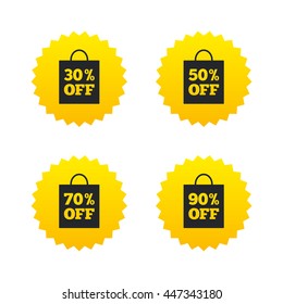 Sale bag tag icons. Discount special offer symbols. 30%, 50%, 70% and 90% percent off signs. Yellow stars labels with flat icons. Vector