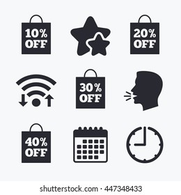 Sale bag tag icons. Discount special offer symbols. 10%, 20%, 30% and 40% percent off signs. Wifi internet, favorite stars, calendar and clock. Talking head. Vector