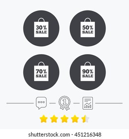 Sale bag tag icons. Discount special offer symbols. 30%, 50%, 70% and 90% percent sale signs. Chat, award medal and report linear icons. Star vote ranking. Vector