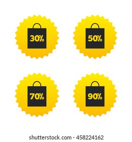 Sale bag tag icons. Discount special offer symbols. 30%, 50%, 70% and 90% percent discount signs. Yellow stars labels with flat icons. Vector