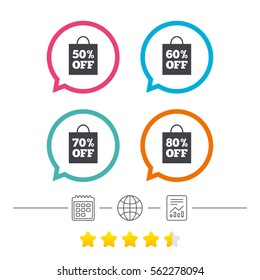Sale bag tag icons. Discount special offer symbols. 50%, 60%, 70% and 80% percent off signs. Calendar, internet globe and report linear icons. Star vote ranking. Vector