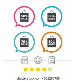 Sale bag tag icons. Discount special offer symbols. 50%, 60%, 70% and 80% percent sale signs. Calendar, internet globe and report linear icons. Star vote ranking. Vector