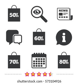 Sale bag tag icons. Discount special offer symbols. 50%, 60%, 70% and 80% percent discount signs. Newspaper, information and calendar icons. Investigate magnifier, chat symbol. Vector