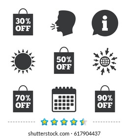 Sale bag tag icons. Discount special offer symbols. 30%, 50%, 70% and 90% percent off signs. Information, go to web and calendar icons. Sun and loud speak symbol. Vector
