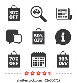 Sale bag tag icons. Discount special offer symbols. 30%, 50%, 70% and 90% percent off signs. Newspaper, information and calendar icons. Investigate magnifier, chat symbol. Vector